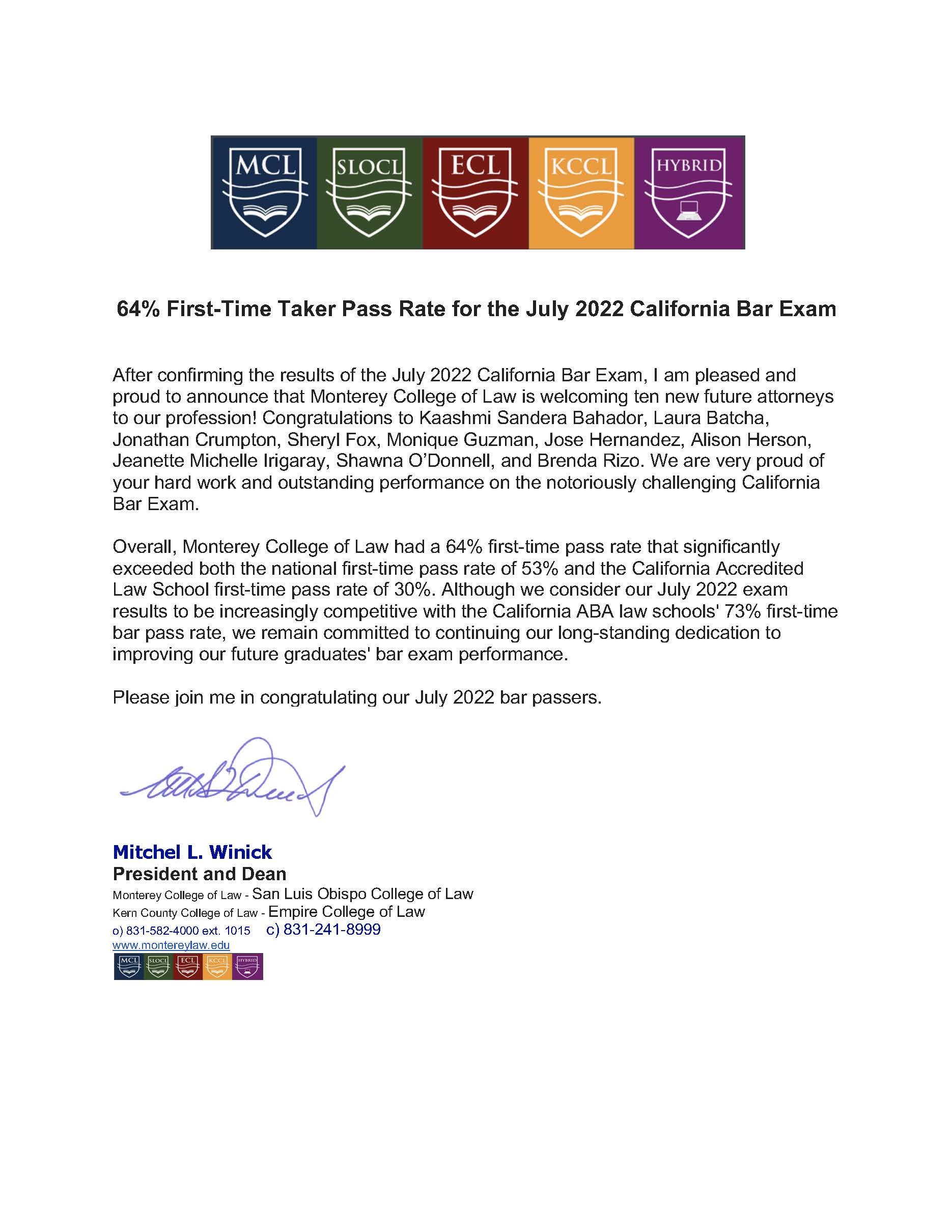 Dean Winick announces July 2022 California Bar Exam passers